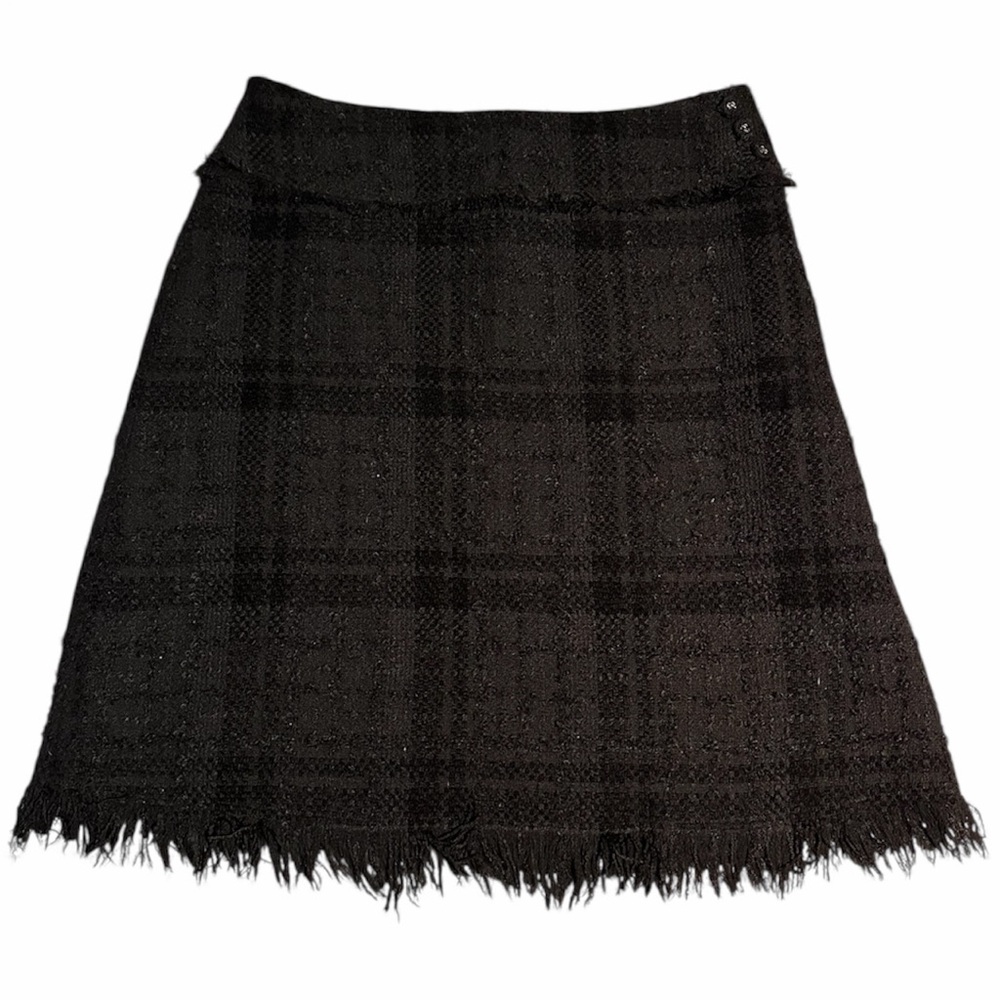 Japanese Designer National Standard Wool Mohair Tartan Black Skirt Raw Hem
